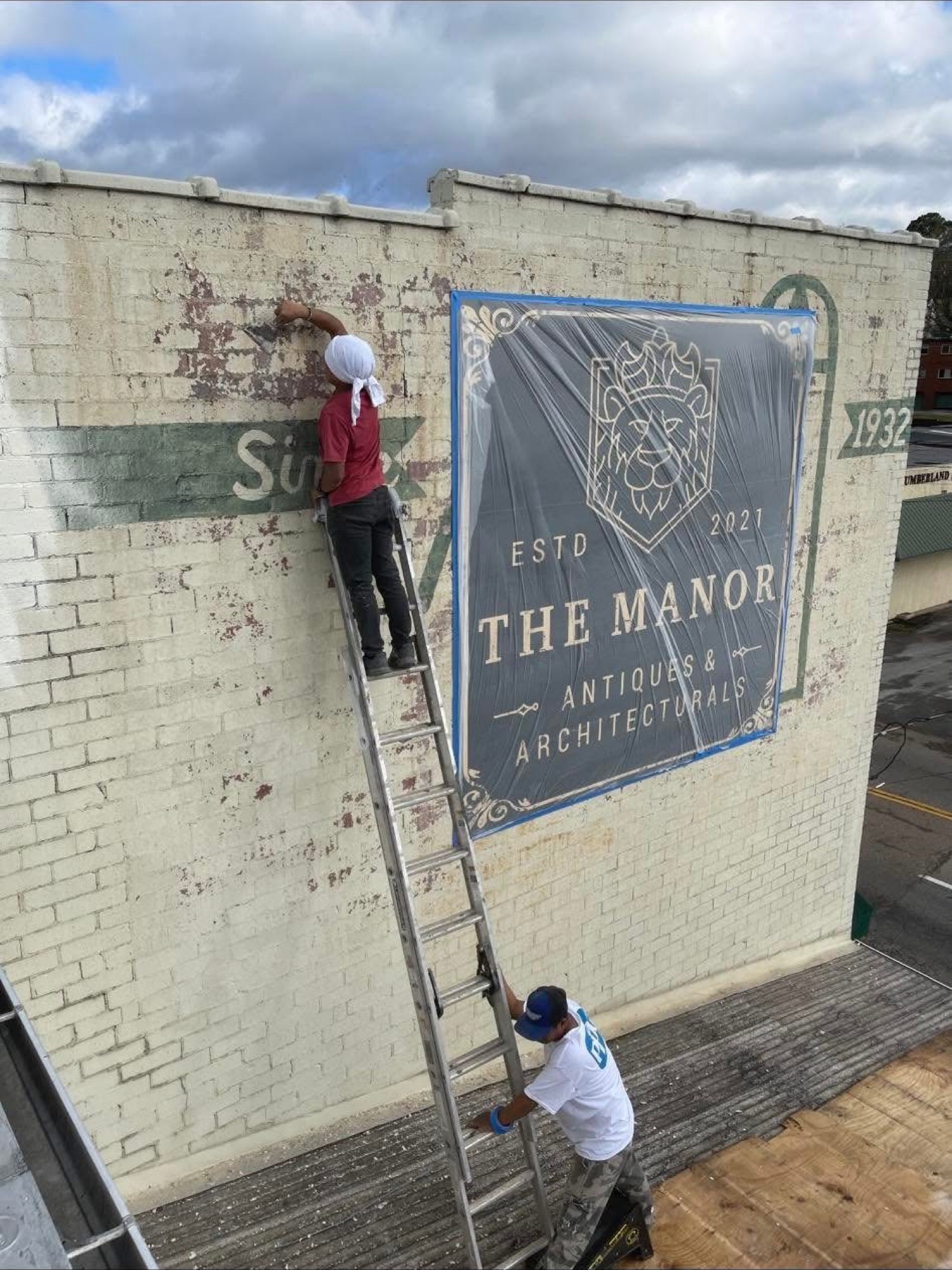 Brick wall during mural work